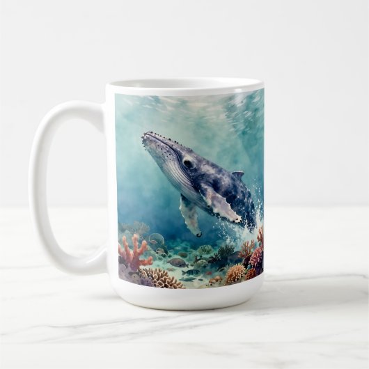 オーシャンブルーホエールと海岸の詩 コーヒーマグカップ (左)
