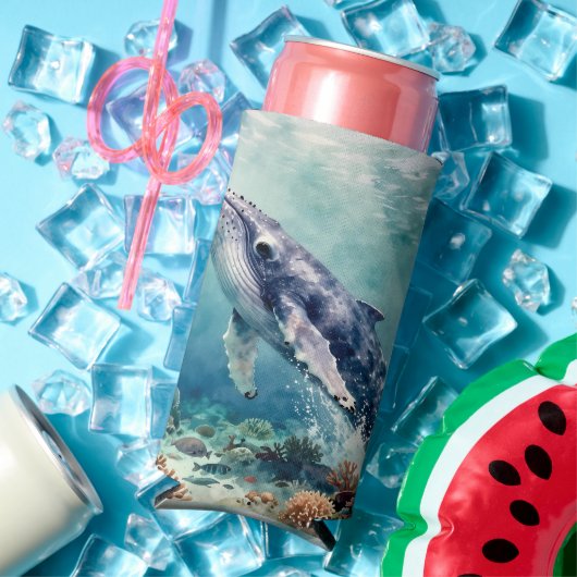 オーシャンブルーホエールと海岸の詩 スリム缶クーラー (インサイチュ 夏)