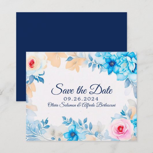 オーシャンブルー水彩フラワー Save the Date (正面/裏面)