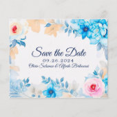 オーシャンブルー水彩フラワー Save the Date (正面)