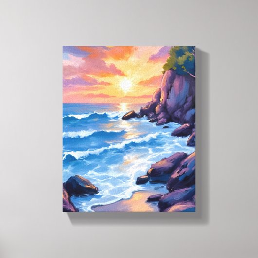 オーシャンベイの夕日 | 水彩画の海岸 キャンバスプリント (正面)