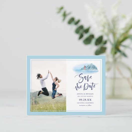 オーシャンマウンテンライトハウスウェディング・セーブ・ザ・デート インビテーションポストカード (スタンド正面)