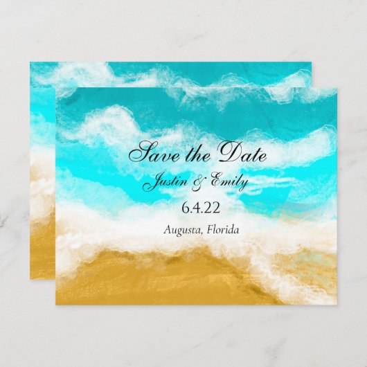 オーシャン シーサイド ターコイズ ウェーブス セーブ ザ デート 招待状 (正面/裏面)
