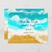 オーシャン シーサイド ターコイズ ウェーブ セーブ ザ デート 招待状 (正面/裏面)