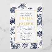 オーシ航海のアクラシックネイビー結婚ブルー金ゴールド 箔招待状 (正面)