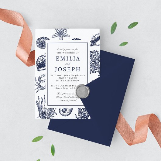 オーシ航海のアンクラシックダークネイビー結婚ブルー3 招待状