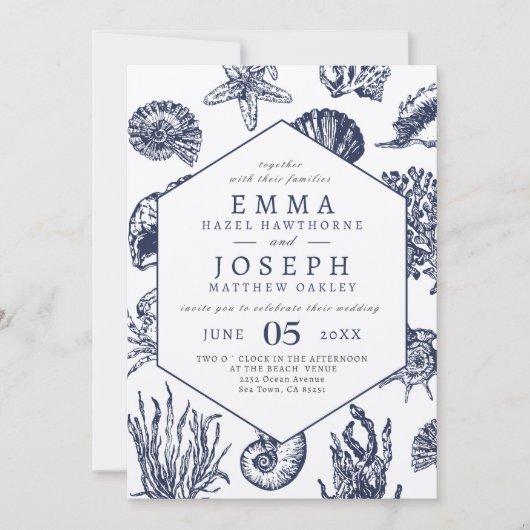 オーシ航海のアンクラシックダークネイビー結婚ブルー 招待状 (正面)
