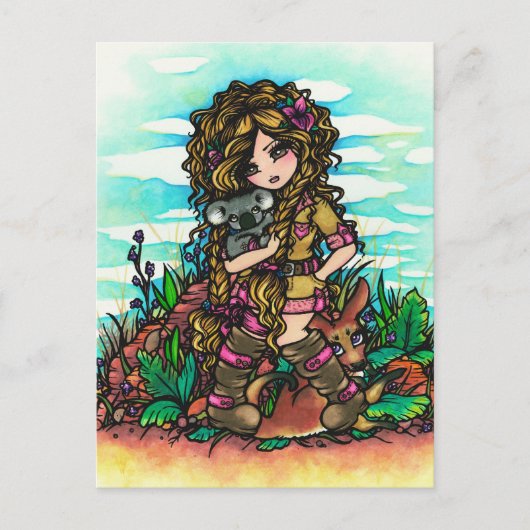 オージーガールコアラカンガルー漫画アートハガキ ポストカード (正面)