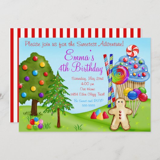 オースウィートキャンディランド誕生日カップケーキ招待状 招待状 (正面/裏面)