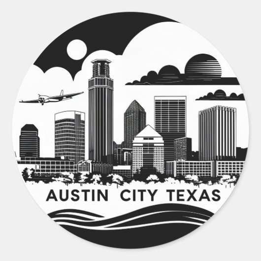 オースティンシティテキサス州スカイラインレトロブラック&ホワイトアート ラウンドシール (正面)