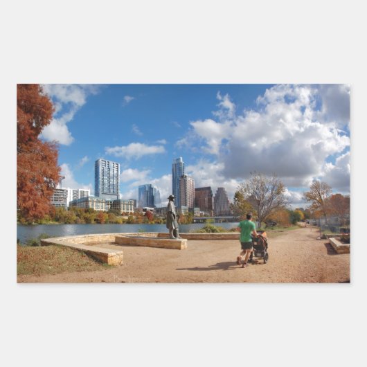 オースティンテキサス州ダウンタウンスカイライン – Ladybird Lake 長方形シール (正面)