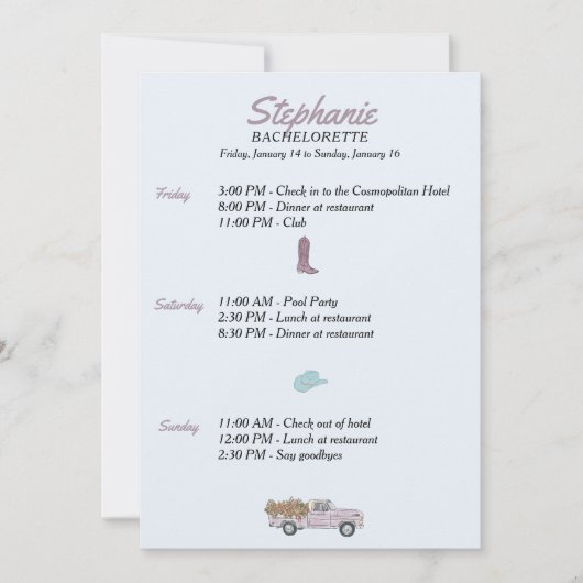 オースティンテキサス州バチェロレッテ旅行日程 招待状 (正面)