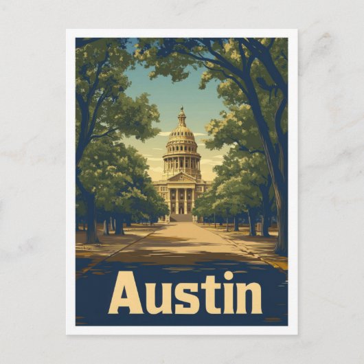 オースティンテキサス州USAアートヴィンテージトラベルイラストレーション ポストカード (正面)