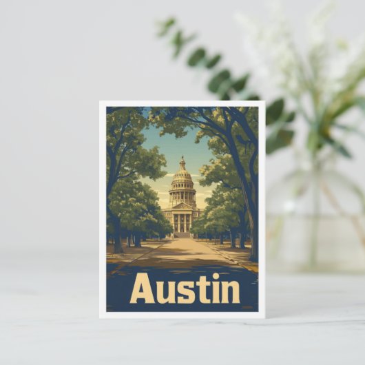 オースティンテキサス州USAアートヴィンテージトラベルイラストレーション ポストカード (スタンド正面)