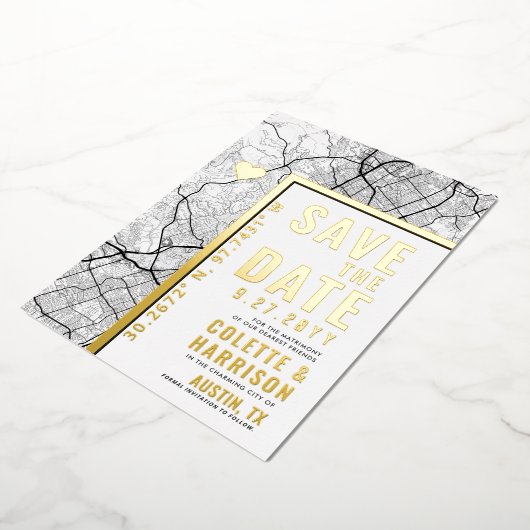 オースティン、テキサス州ラブロケーター |結婚式の日付の保存 箔招待状 (回転した状態)