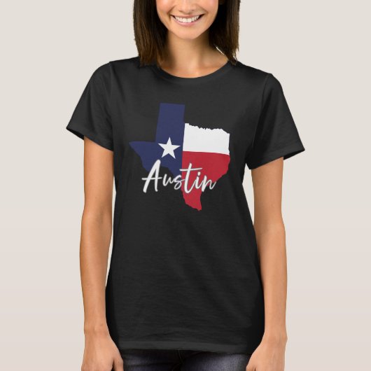 オースティン、テキサス州州旗の地図と女性の黒 Tシャツ (正面)