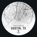 オースティン、テキサス州市地図 |結婚へようこそ ラウンドシール<br><div class="desc">オースティン結婚市を特集したウェルカムのステッカーと、オースティン市のテキサス州ラブロケーター結婚式招待状セットに合わせたオーバーヘッドマップのレイアウト。</div>