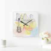 オースティン、テキサス州 |水色スケッチ スクエア壁時計 (ホーム)
