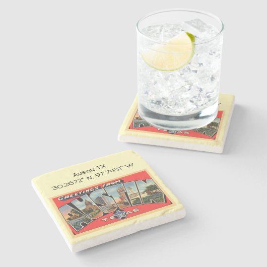 オースティンTXマップ座標ヴィンテージスタイル ストーンコースター (横)