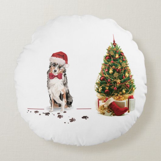 オーストラリアおもしろいの羊飼いクリスマス犬 ラウンドクッション (正面)