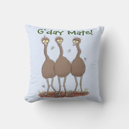 オーストラリアおもしろいのemuトリオ漫画イラストレーション クッション (正面)
