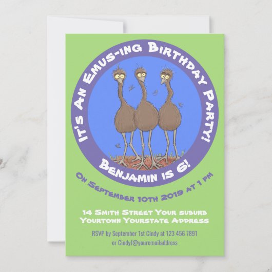 オーストラリアおもしろいのemuトリオ漫画イラストレーション 招待状 (正面)