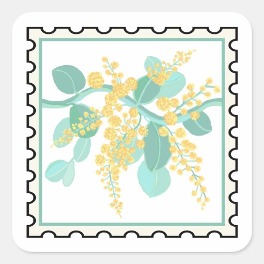 オーストラリアのアカシアの花のスタンプアート スクエアシール (正面)