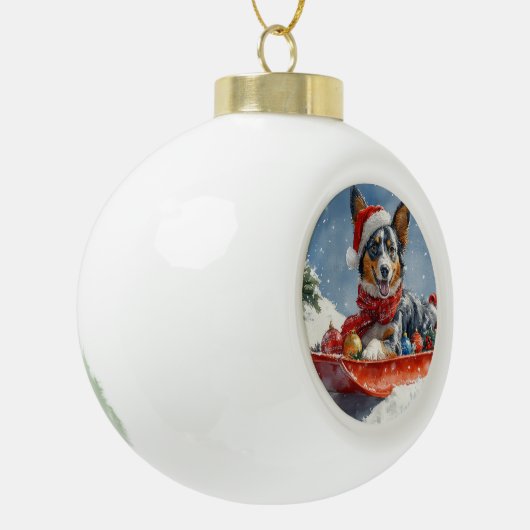 オーストラリアのケッピーそりを雪のクリスマスに セラミックボールオーナメント (左)