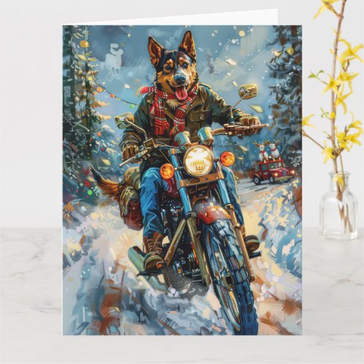 オーストラリアのケルパイドッグがオートバイクリスマスに乗る カード (黄色い花)