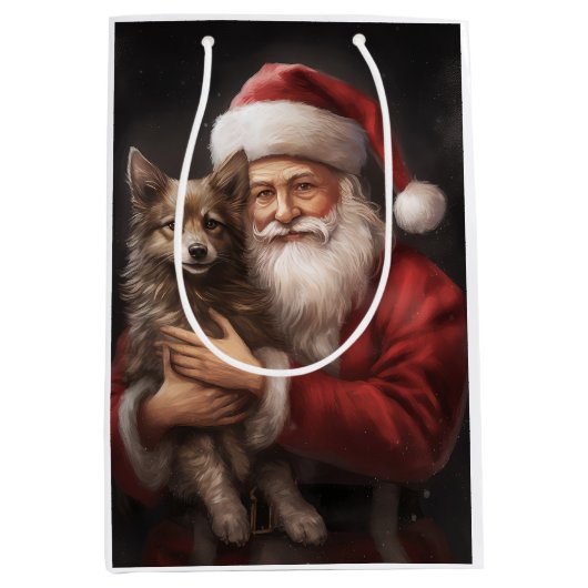 オーストラリアのケルピーとサンタクロースのクリスマス ミディアムペーパーバッグ (正面)