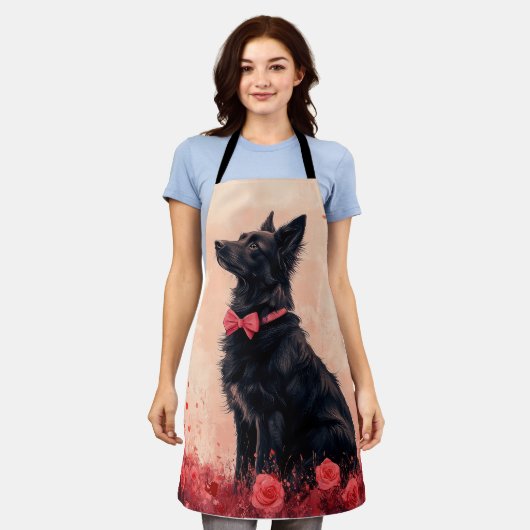 オーストラリアのケルピーとバラ – バレンタインデー エプロン (着用した状態)