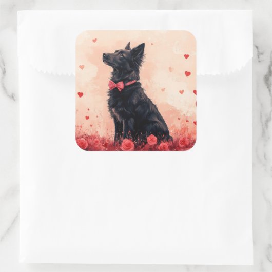オーストラリアのケルピーとバラ – バレンタインデー スクエアシール (バッグ)