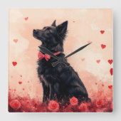 オーストラリアのケルピーとバラ – バレンタインデー スクエア壁時計 (正面)