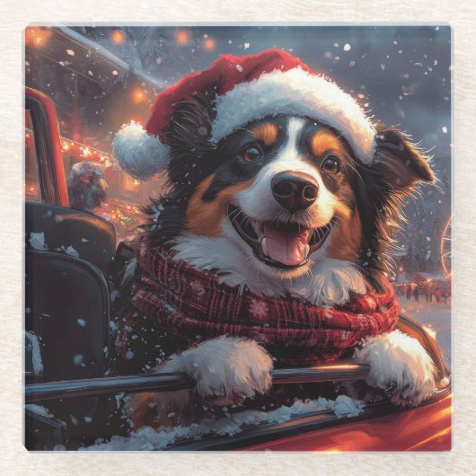 オーストラリアのケルピー犬ローラーコースターのクリスマス ガラスコースター (正面)