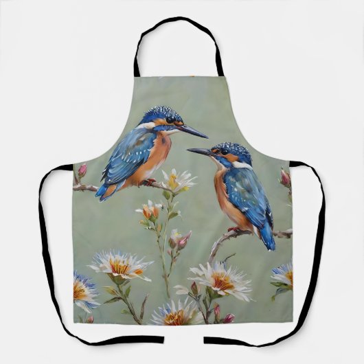 オーストラリアのサギシオマネキの鳥と花の油彩画 エプロン (正面)