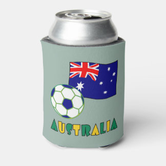 オーストラリアのサッカーボールと旗 緑の背景 缶クーラー