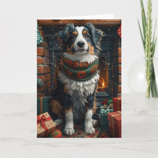 オーストラリアのシェパードとクリスマスプレゼント暖炉 カード (正面)