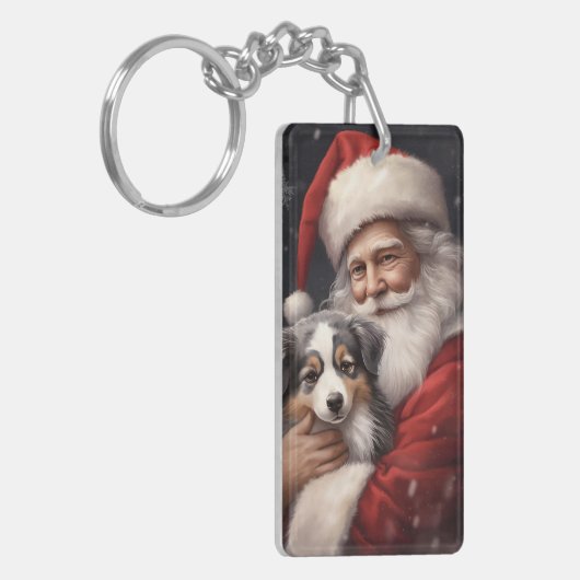 オーストラリアのシェパードとサンタクロースのクリスマス キーホルダー (正面左)