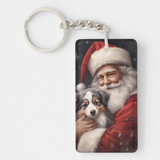 オーストラリアのシェパードとサンタクロースのクリスマス キーホルダー (正面)