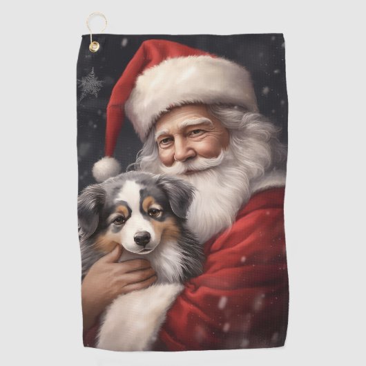 オーストラリアのシェパードとサンタクロースのクリスマス ゴルフタオル (正面)