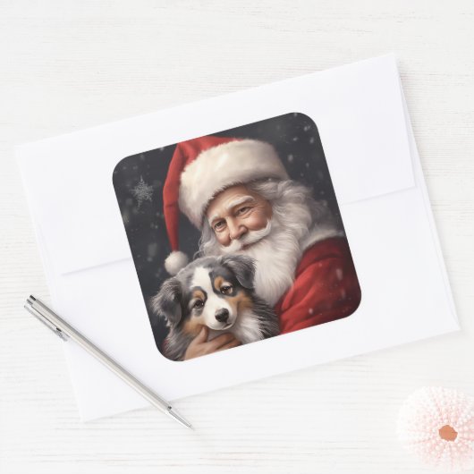 オーストラリアのシェパードとサンタクロースのクリスマス スクエアシール (封筒)