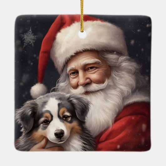 オーストラリアのシェパードとサンタクロースのクリスマス セラミックオーナメント (裏面)