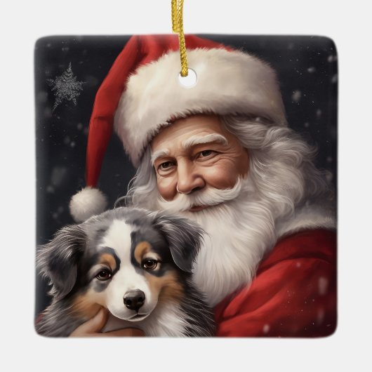 オーストラリアのシェパードとサンタクロースのクリスマス セラミックオーナメント (正面)