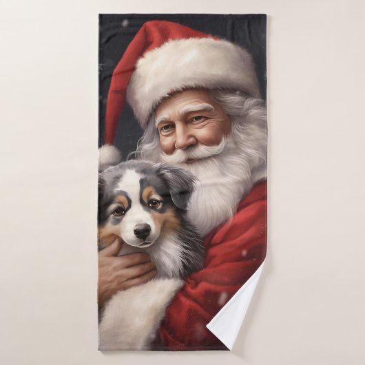 オーストラリアのシェパードとサンタクロースのクリスマス バスタオルセット (バスタオル)