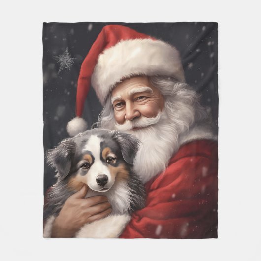 オーストラリアのシェパードとサンタクロースのクリスマス フリースブランケット (正面)