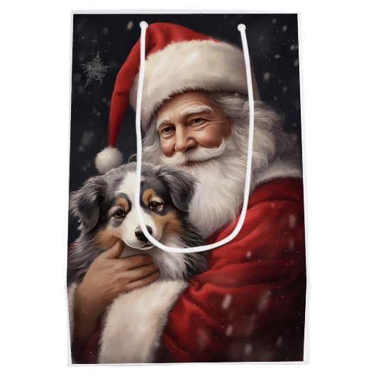 オーストラリアのシェパードとサンタクロースのクリスマス ミディアムペーパーバッグ (裏面)