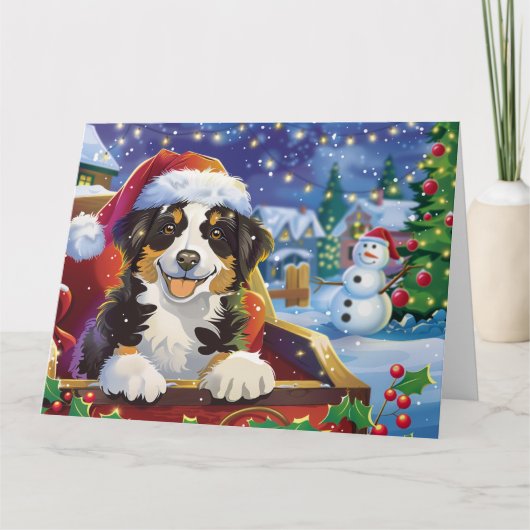 オーストラリアのシェパード犬がそりの雪のクリスマス カード (正面)