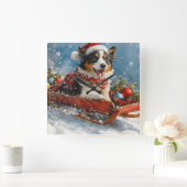 オーストラリアのシェパード犬のスレッジクリスティマス スクエア壁時計 (ホーム)