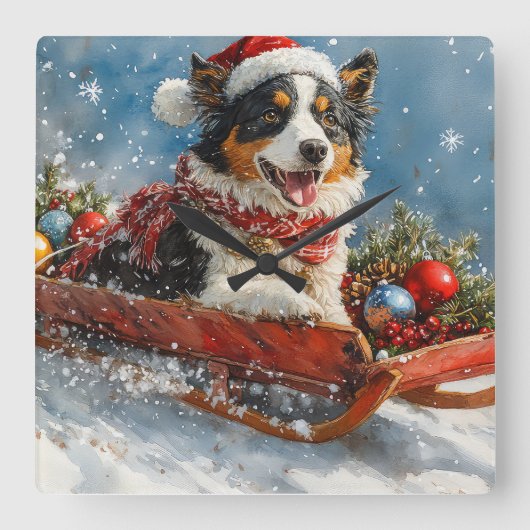 オーストラリアのシェパード犬のスレッジクリスティマス スクエア壁時計 (正面)