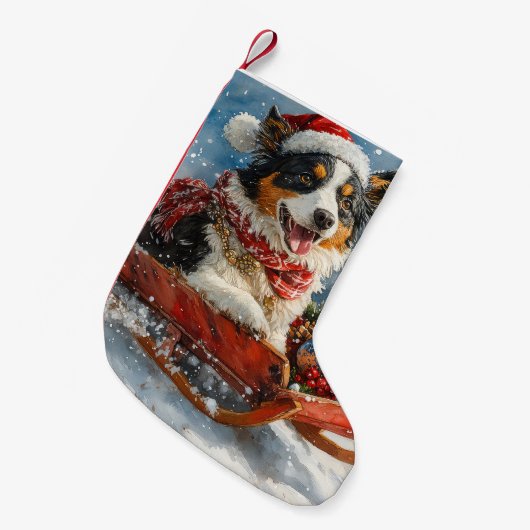 オーストラリアのシェパード犬のスレッジクリスティマス スモールクリスマスストッキング (正面 (吊り時))